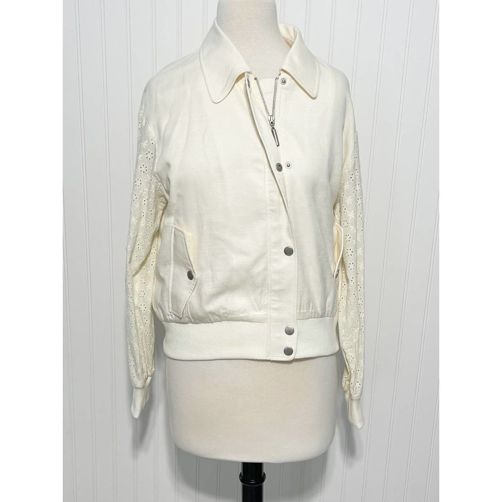 7 For All Mankind Eyelet Sleeve Casual Jacket Zip Up Button Up Cream Small‎